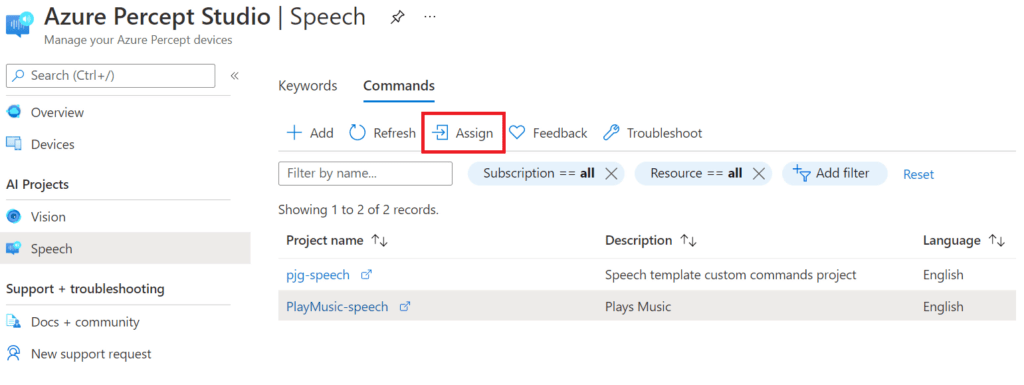Azure Percept Studio - Speech Commands - Assign Button