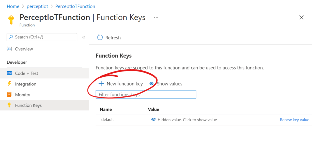 Azure Function - New Function Key Button